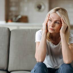 Woman with hearing loss sits at home, feeling insecure.